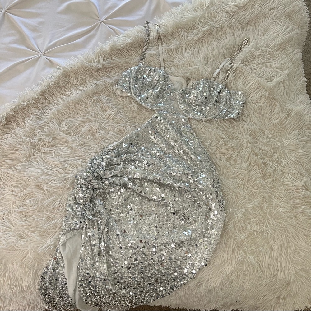 SEQUIN CUT OUT FRONT SLIT FULL LENGTH DRESS